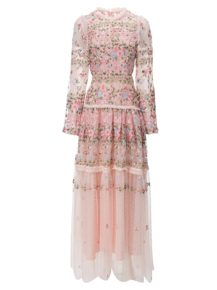 QMQA Fashion Women's Embroidery Dresses Round Neck High Waist Bow Mesh Spliced Long Sleeve Elegant Dress Female 2024 1A102