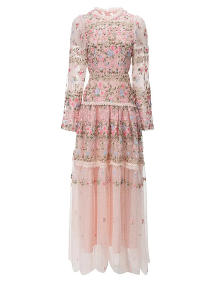 QMQA Fashion Women's Embroidery Dresses Round Neck High Waist Bow Mesh Spliced Long Sleeve Elegant Dress Female 2024 1A102