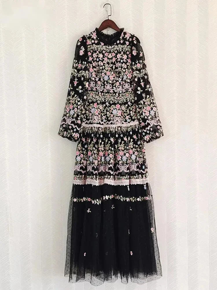 QMQA Fashion Women's Embroidery Dresses Round Neck High Waist Bow Mesh Spliced Long Sleeve Elegant Dress Female 2024 1A102