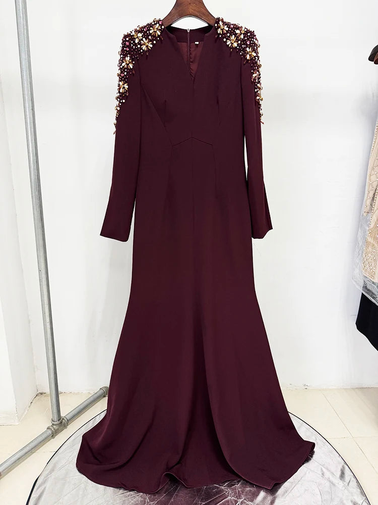 HIGH STREET Newest Fashion 2025 Designer Party Vestido Women's Diamonds Beaded Split Long Maxi Dress