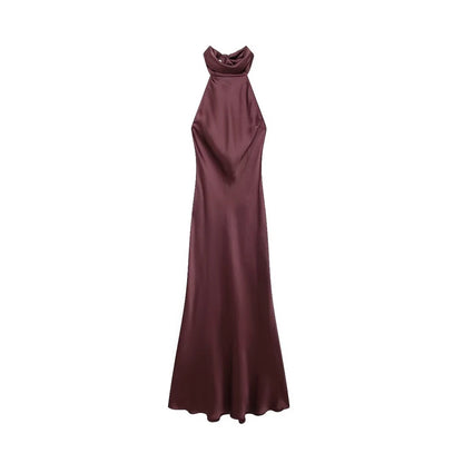 Women's Long Satin Halter Dress, Backless, Bow Tied, Back Zipper, Female Dresses, Sexy Fashion