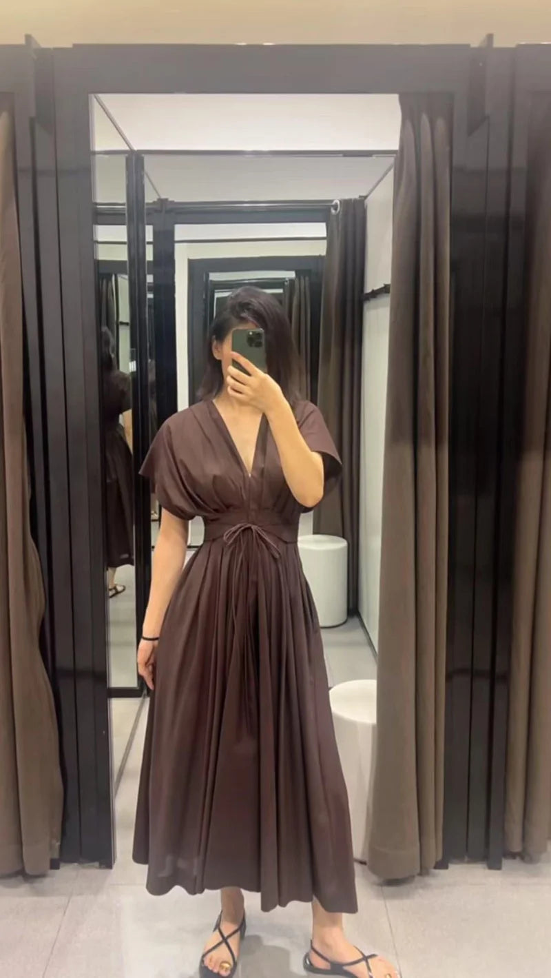 ETJ Summer 2025  women's elegant party dress Vintage V-neck fashion pleated lace-up MIDI poplin dress