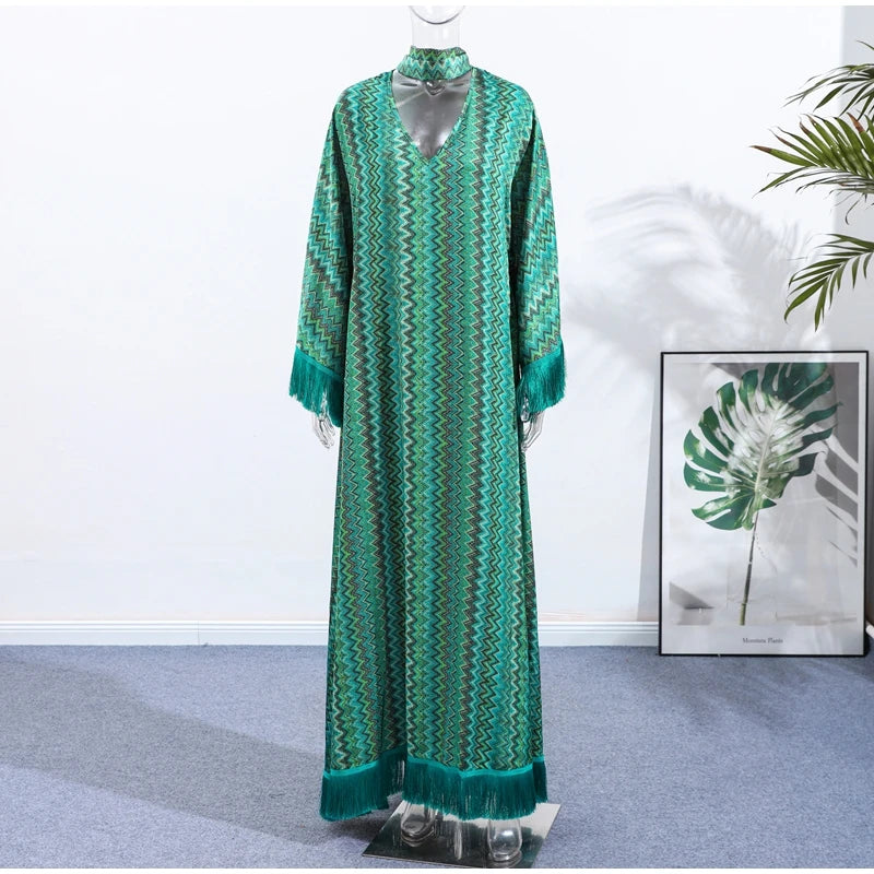 Elegant Tassel Hem Long Dress Women Loose V-neck Full Sleeve Scarf Dresses 2025 Autumn Party Evening Dresses Luxurious Lady Robe