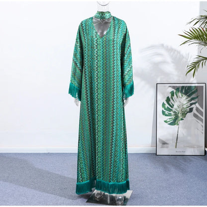 Elegant Tassel Hem Long Dress Women Loose V-neck Full Sleeve Scarf Dresses 2025 Autumn Party Evening Dresses Luxurious Lady Robe