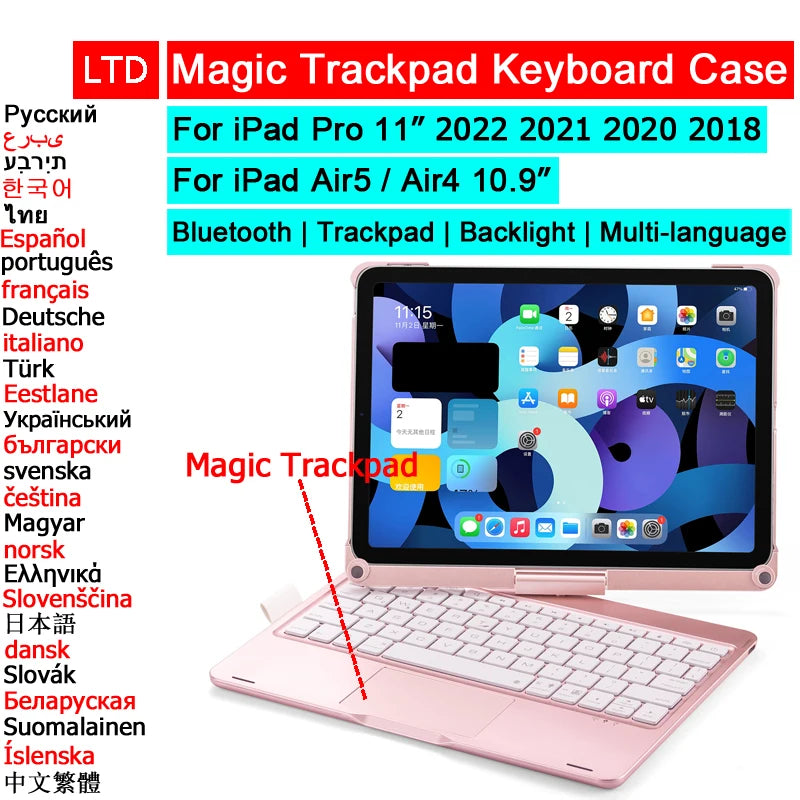 Bluetooth Magic Keyboard Case For iPad Pro 11 2022 2021 2020 2018 Air 5 4 10.9 Tablet Case Arabic Spanish French German Keyboard