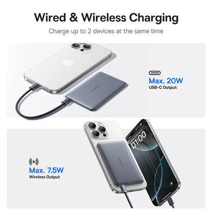 Baseus 5000mAh Magnetic Power Bank 15W Wireless 20W Wired Charging Thin Card-Sized Slim Portable Powerbank for iPhone 17 Samsung