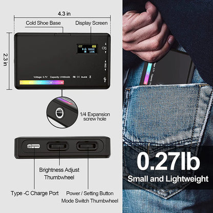 LED RGB Camera Light Full Color Output Video Light Kit Dimmable 2500K-9000K Bi-Color Panel Light CRI 95+ Rechargeable 3300mAh