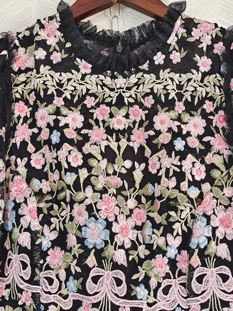 QMQA Fashion Women's Embroidery Dresses Round Neck High Waist Bow Mesh Spliced Long Sleeve Elegant Dress Female 2024 1A102