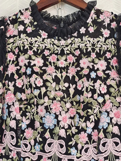 QMQA Fashion Women's Embroidery Dresses Round Neck High Waist Bow Mesh Spliced Long Sleeve Elegant Dress Female 2024 1A102