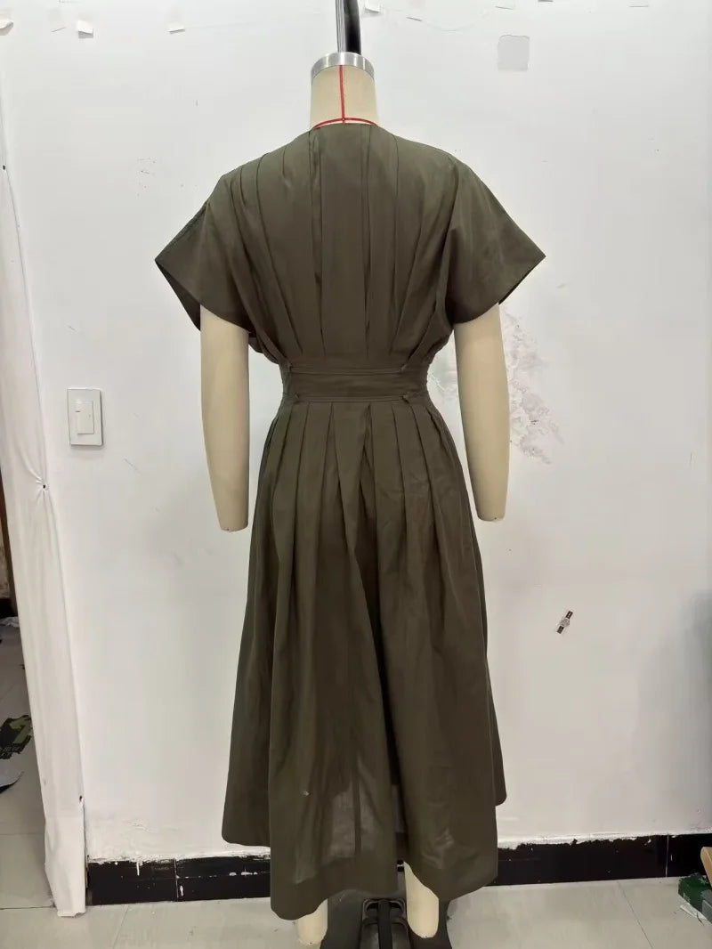 ETJ Summer 2025  women's elegant party dress Vintage V-neck fashion pleated lace-up MIDI poplin dress