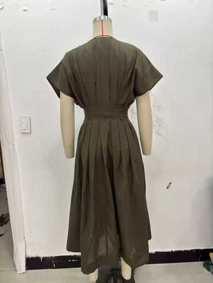 ETJ Summer 2025  women's elegant party dress Vintage V-neck fashion pleated lace-up MIDI poplin dress